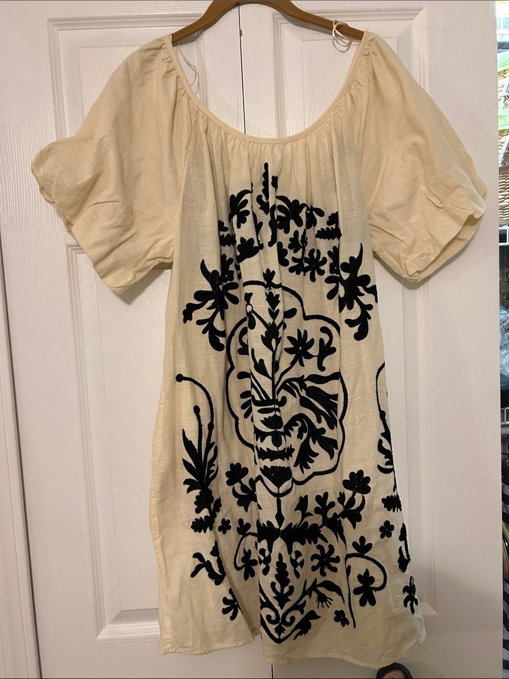 Free People Cream Mini Dress with Black Floral Embroidery